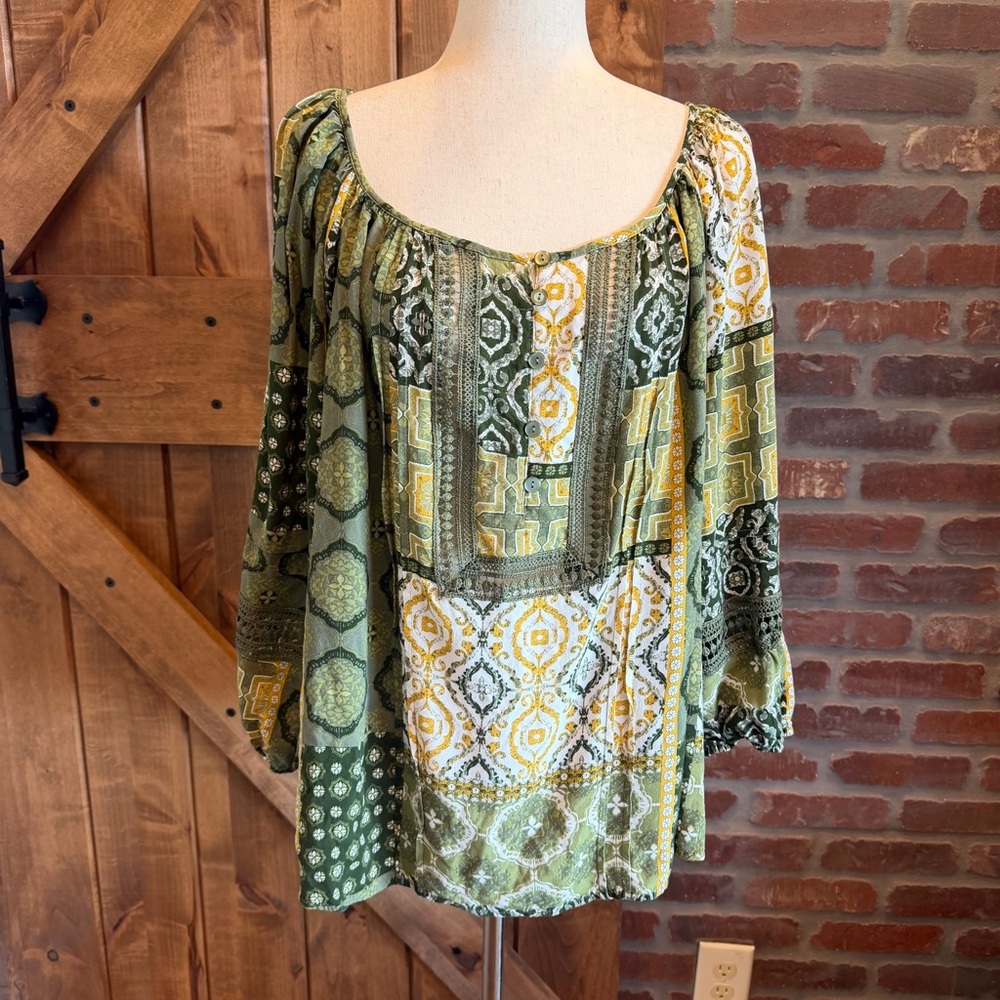 Cato Green Brown Geometric Patchwork Lightweight Flowy Blouse Plus 22/24W